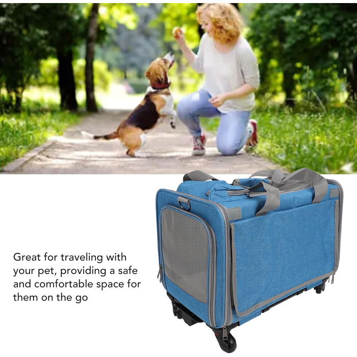 Транспортна переноска для котів та собак на колесах, складана, з телескопічною ручкою, синього кольору