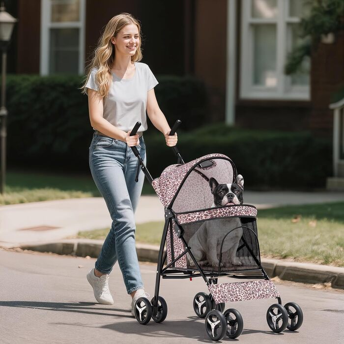 Візок для собак маленьких порід, 4,5-10 кг, візок для цуценят, візок для середніх собак, візок для котів, візок для 2 котів, з багажником, леопардовий принт
