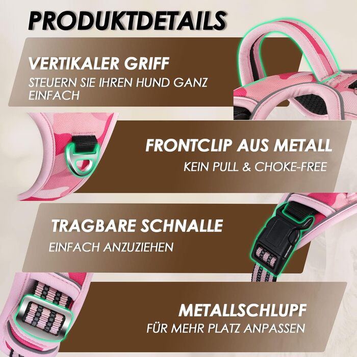 Нашийник для собак великих порід, шлейка з анти-тяговою конструкцією, 2 карабіни, зручна ручка, регульована та світловідбиваюча, для щоденних тренувань (L, XL), камуфляжний рожевий