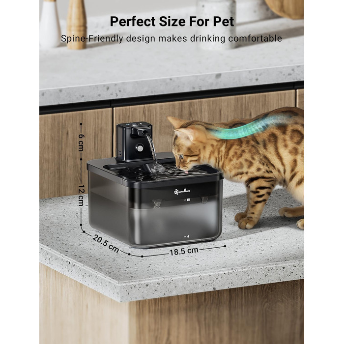 Автоматичний котячий фонтан DownyPaws, 2,5 л, бездротовий, з датчиком руху, BPA-free, чорний, 6 фільтрів
