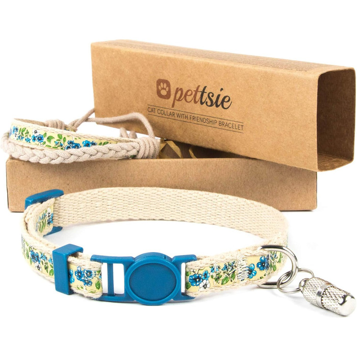 Нашийник для кота Pettsie з безпечною застібкою та браслетом дружби, міцна бавовна, D-подібне кільце для аксесуарів, регульований розмір 19-29 см (19-29 см, блакитний)