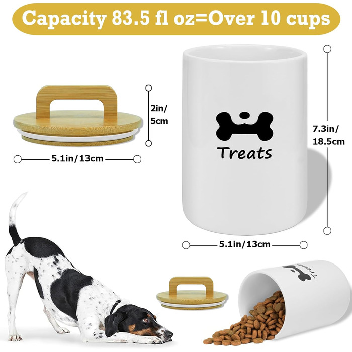 Керамiчний контейнер для собачих ласощів - велика банка з кришкою для кухні, білий, 7.7'x5'