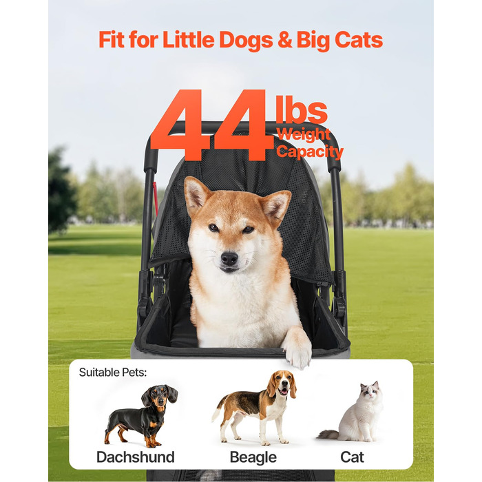 Візок для собак VEVOR, до 20 кг, складаний, 4-колісний, з сітковими віконцями та змінним ручками, з гальмом, для маленьких та середніх тварин