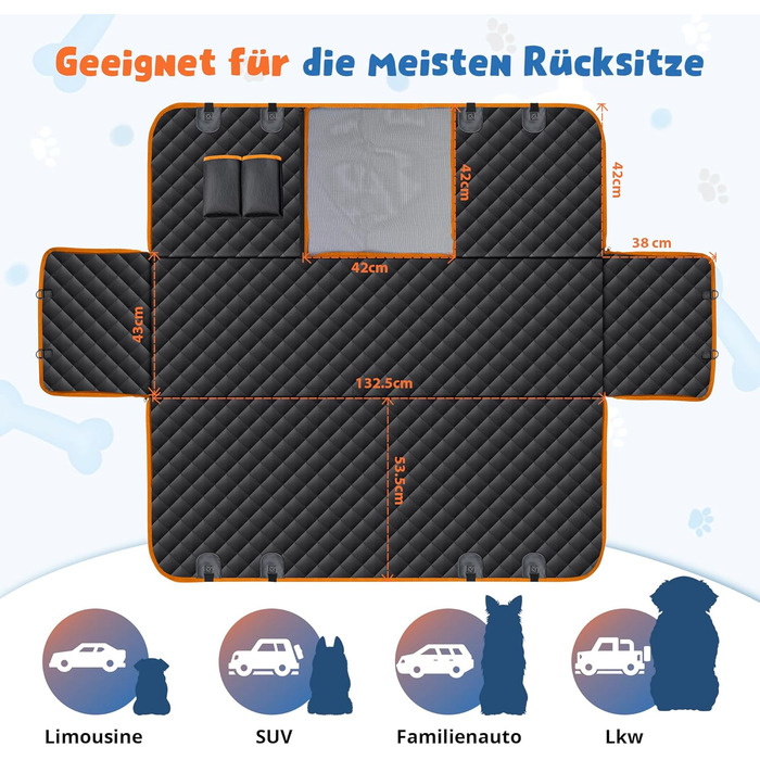 Водонепроникний килимок для собак у машину Heatail для заднього сидіння з боковими захисниками та сіткою, 135 x 148 см, чорний/помаранчевий