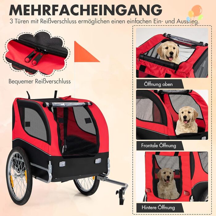 Фahrradanhänger GYMAX: Возик для собак на велосипеді, червоний, до 40 кг, 3 входи, складна конструкція