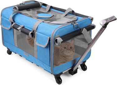 Транспортна сумка для кота PETCUTE з колесами, дихаюча переноска для 2 котів, складана переноска для собак з телескопічною ручкою, знімний килимок, ідеальна для подорожей (Блакитна)