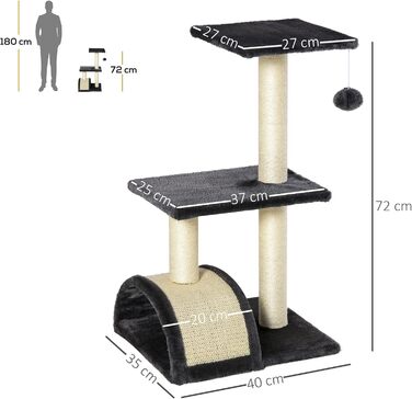 Кігтеточка PawHut для котів 72 см, багатоярусна, з м'ячиками, сизаль, платформа, кігтешкребок, для середніх котів, кремово-білий (сірий)