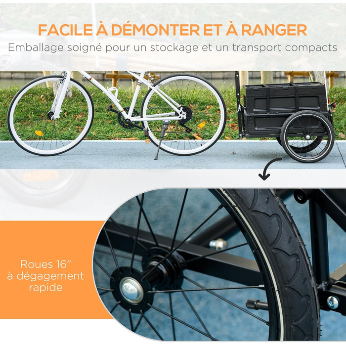 Причіп для велосипеда HOMCOM з ящиком, знімний та складаний, 65 л, колеса та світловідбивачі, максимальне навантаження 40 кг, чорний