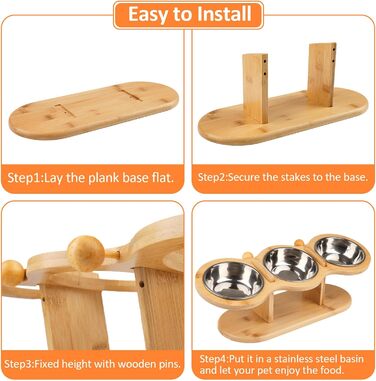 Підвищений годівниця для котів Katzennapf з 3 мисками з нержавіючої сталі, регульована висота, дерев'яний підставник, ергономічна станція для годування, миска для води для котів та маленьких собак