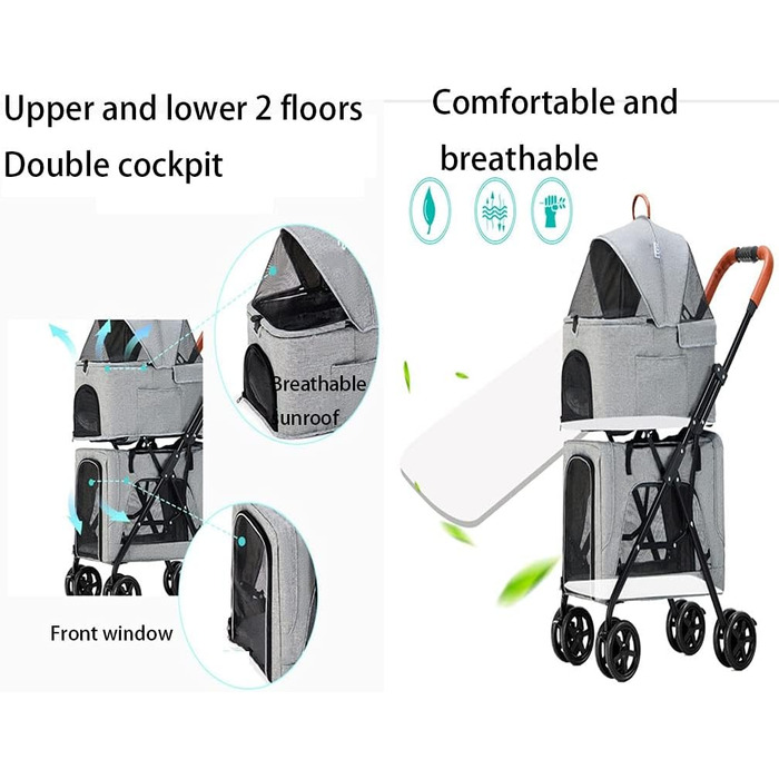 Двоповерховий візок для домашніх тварин, багатофункціональний 3-в-1, візок для котів, складаний візок для собак, для маленьких собак, легко складається, з переднім доступом, візок для 2 собак (сірий, розмір B)