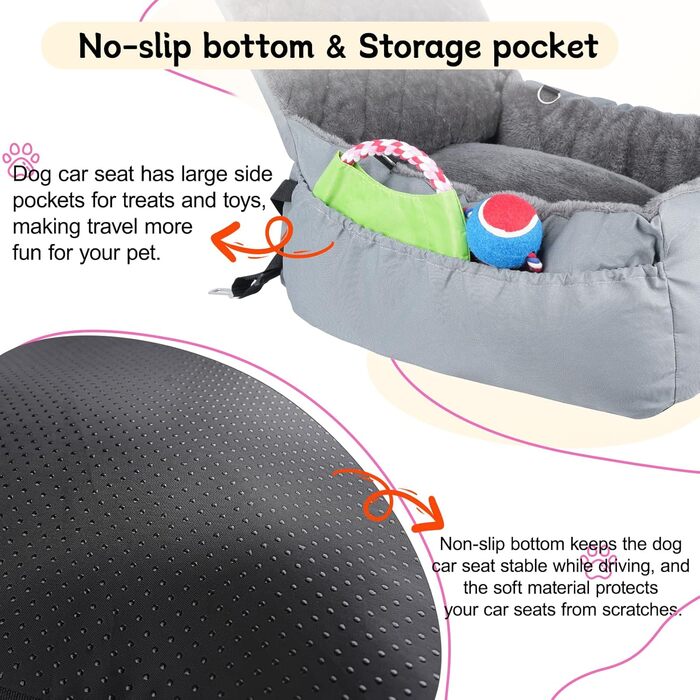 Автокрісло для собак SIVEIS – м'яке ліжко з кишенькою, для собак малого та середнього розміру, з ременем безпеки (02-Сіро-блакитний)