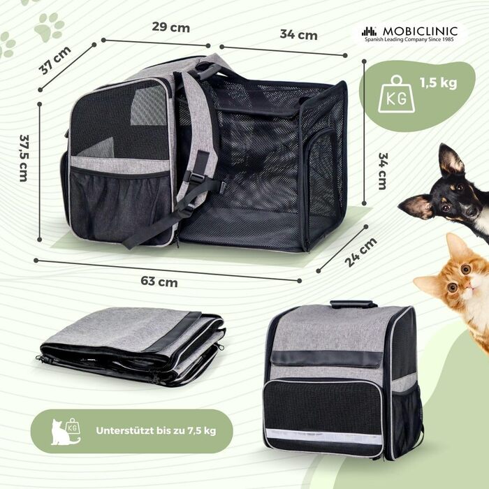 Рюкзак-переноска для котів та собак Mobiclinic® Pets, складаний, з вентиляцією, з аксесуарами, регульований, 37x29x37x5 см