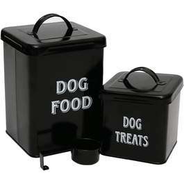 Контейнер для корму Morezi (2 шт.): сталь, з кришкою, ложка. Підходить для корму собак, котів та інших тварин. Білий/Чорний