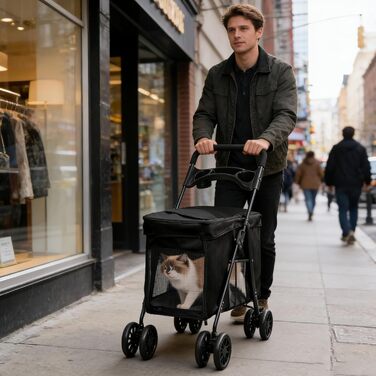 Візок для собак Homewell, візок-каляска для котів/маленьких собак, візок-каляска для дітей, прогулянковий візок для тварин з 2 вікнами на блискавці, тримач для напоїв, до 20 кг (Чорний)