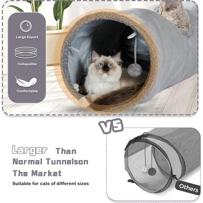 Туннель для котів Mymai з м'яким велюром, інтерактивний шурхотливий тунель з 2 підвісними іграшками, для кроликів та маленьких тварин (Сірий)