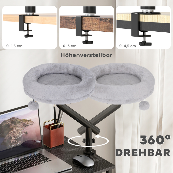 Ліжко для котів під робочий стіл, що обертається на 360°, з регулюванням висоти та знімним лежаком, який можна прати в машинці, для котів до 6 кг, сіре