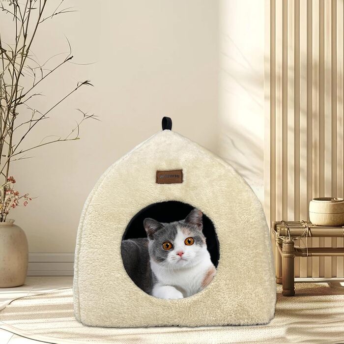 Котяча хатка Whiwhi для дому, складаний будиночок намет для котів з м'якою плюшевою подушкою, бежевий, розміри 45x45x41 см та 33x33x35 см