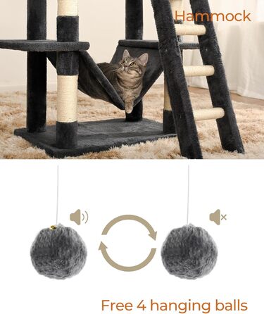 Дерево для котів FourFurPets 160 см, сірий, з двома платформами, двома будиночками, двома кошиками, гамаком, ігровими м'ячиками, сизалевими сходами
