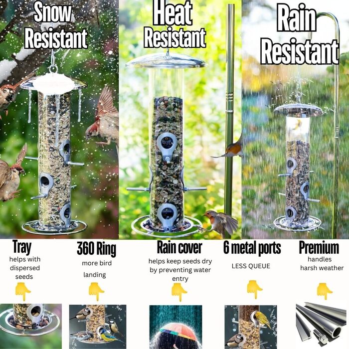 Годівниця для птахів на сонцезахисній підставці, для саду, срібна. З наповнювачем: соняшникові зерна та суміш.