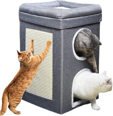 Котячий будиночок-крісло з когтеточкою, 3 рівні, 2 будиночки, когтеточка-дошка, для котів до 20 кг, сірий