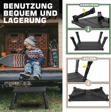 Алюмінієва розкладна сходинка-підставка, 300 кг, 3 сходинки, регульована висота, широка антиковзка поверхня, для автодому, саду та сходинок для собак, легка та складна (Чорний)