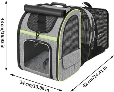 Рюкзак для котів та маленьких собак | Транспортна сумка для домашніх тварин, дихаюча, розкладна, для подорожей, прогулянок, сірого кольору з зеленими вставками
