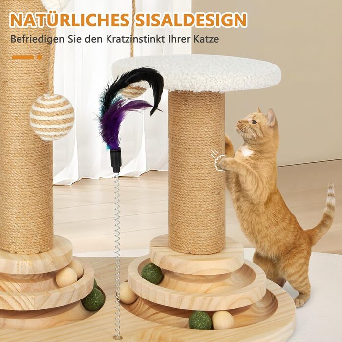 Інтерактивна іграшка для котів 6 в 1, дерев'яні котячі меблі з підвісними кульками, пір'ями, поворотним шариком, котячий когтетоп з сизалю та джуту для кошенят та середніх котів, зелений (білий)