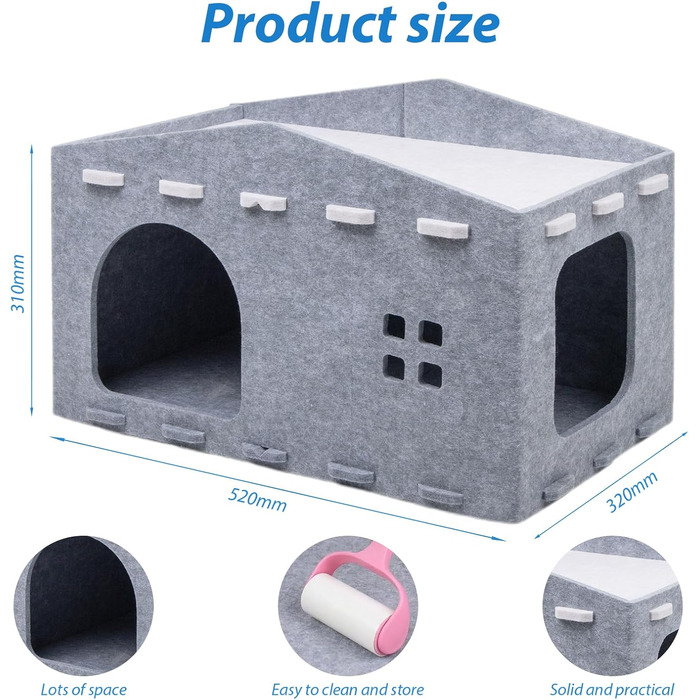 Кішка Будиночок з Фельту, Лежанка для Кішки - Знімний Будиночок, Теплий та Зимостійкий, Захист Кігтів, 52 x 32 x 31 см, Сірий