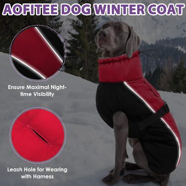 Зимовий теплий одяг для собак AOFITEE з коміром-гетром, регульована куртка для собак з отвором для повідка, водонепроникна куртка для собак на холодну погоду, підходить для собак маленьких, середніх та великих порід, червоний