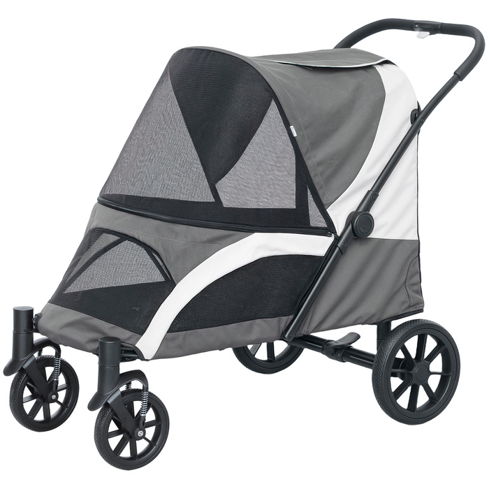 PawHut Dog Stroller Dog Buggy Foldable для великих собак і кішок до 30 кг Cat Buggy з подушками Сітка Вікна Двері Сумка для зберігання Котяча коляска з тросами безпеки, гальмами, баггі Темно-сірий | Аосом