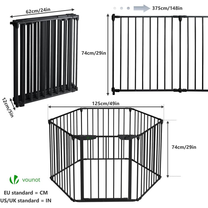 Захист для каміну Vounot - сітка металева, 5 елементів, з дверцятами, чорна 300x75 см (375 см у складеному стані)