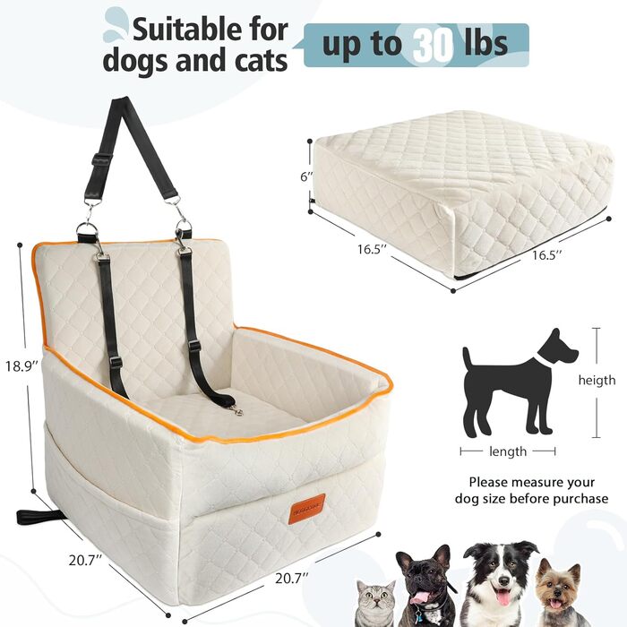 Автокрісло для собак - підходить для маленьких та середніх порід, з кишенями для зберігання, поводок, посилене автоліжко для собак, підходить на заднє та переднє сидіння (біле)