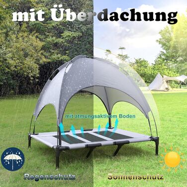 Підвищене собаче ліжко з дахом, сонцезахист, ліжко для домашніх тварин з балдахіном, лежанка для собак на вулицю, собаче диван, антиковзні підкладки, водонепроникний дах та дихаюча сітка, розмір L 92x76x92 см (XL - 122x92x102 см)