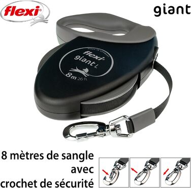 Flexi Giant Plus 8 м рулетка для собак до 25 кг, неонова стрічка, підвищена видимість, міцна та ергономічна система гальмування, чорна