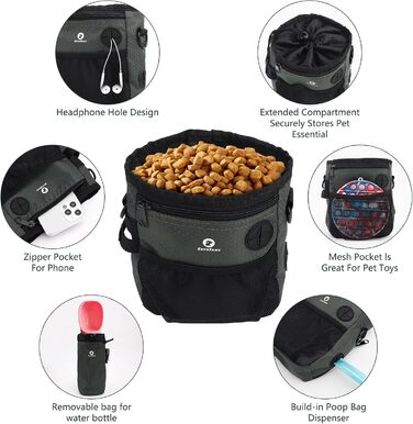 Сумка для корму для собак 2-в-1 з пляшкою води, знімний мішок для корму та диспенсер для пакетів для екскрементів (чорно-зелений)
