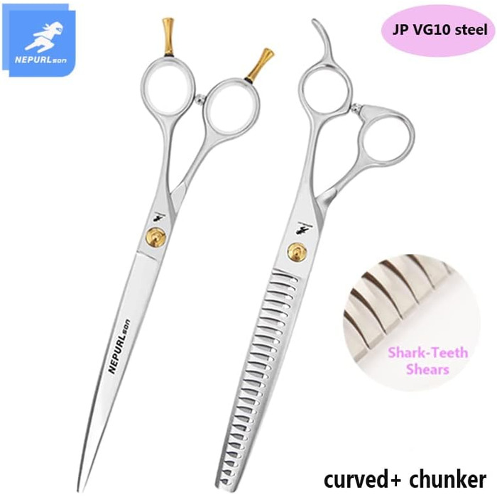 Набір професійних ножиць для грумінгу домашніх тварин 19,1 см: прямі, зігнуті, фінішна ножиця. VG10 сталь (зігнуті, товсті)