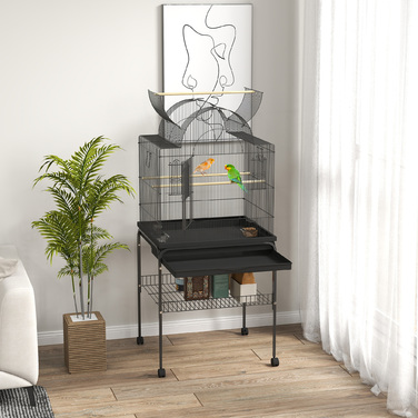 PawHut Birdcage Велика клітка для папуги з піддоном, лоток, станція для годування, шпаківня з коліщатками для канарок, сталь 63 x 53 x 144 см Чорний | Аосом