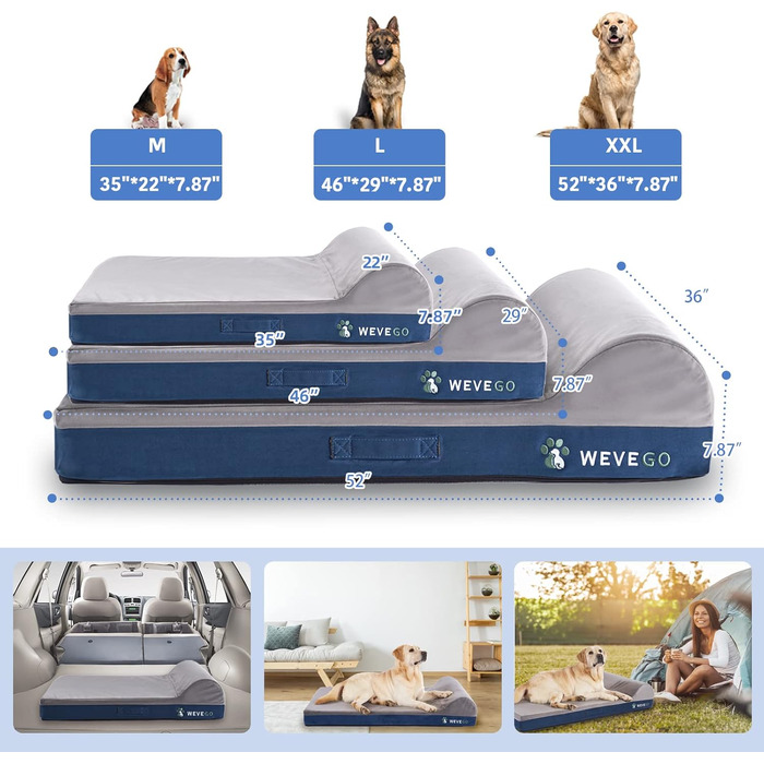 Ортопедичне ліжко для собак, велике з подушкою, товстий гель-піна Memory Foam, фланель, зносостійке, водонепроникне покриття, знімний, пральний чохол, антиковзаюча основа, розмір 132 x 91 x 20 см, блакитне