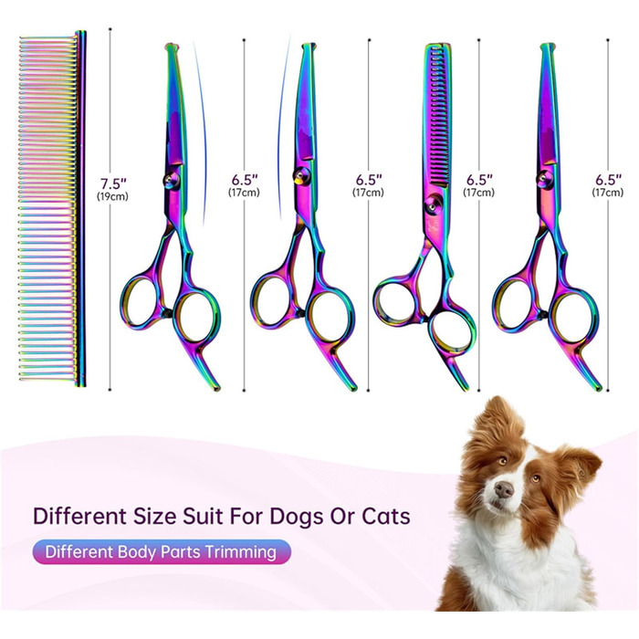 Набір ножиць для грумінгу собак 6-в-1: прямі, зігнуті, для стрижки та розрідження шерсті