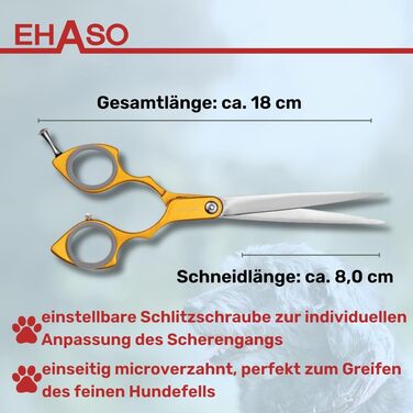 Ножиці для собак EHASO з нержавіючої сталі, 18 см, прямі, з алюмінієвою ручкою, золоті