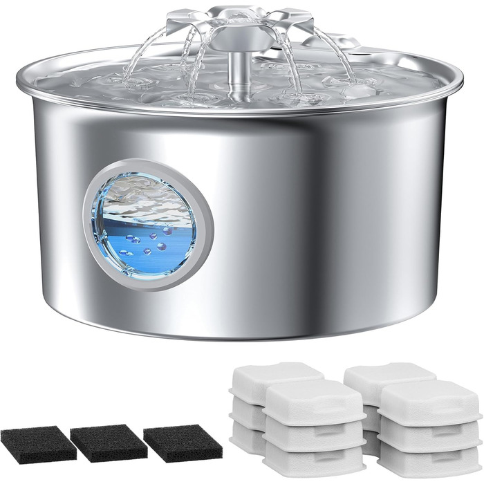 Поїлка для котів з нержавіючої сталі: фонтанчик для котів - 2.6L, диспенсер води для котів та собак, фонтанчик з віконцем рівня води, дизайн у вигляді квітки (поїлка для котів + 6 фільтрів + 3 губки)