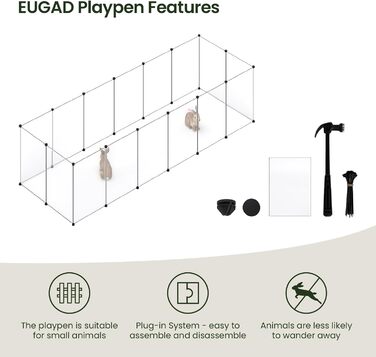 Кігульник для кроликів та інших дрібних тварин EUGAD, 16 прозорих панелей, 50x72 см, розширюваний, для кроликів, морських свинок, хом'яків, їжаків, 302x102x72 см (16 шт.)