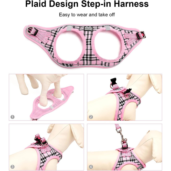 Нашийник для собак маленьких порід з повідком, анти-тягнучий, світловідбиваючий, дихаючий, нагрудник для цуценят (S, обхват грудей: 29-33см) (Рожевий в клітинку, XL (обхват грудей: 46-53см, вага: 8-10.5кг))