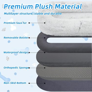 Ортопедичне ліжко для собак та людей, 180 x 114 x 30 см, сірий колір, з пам'яті ефекту піна та бавовна, знімний чохол з штучного хутра
