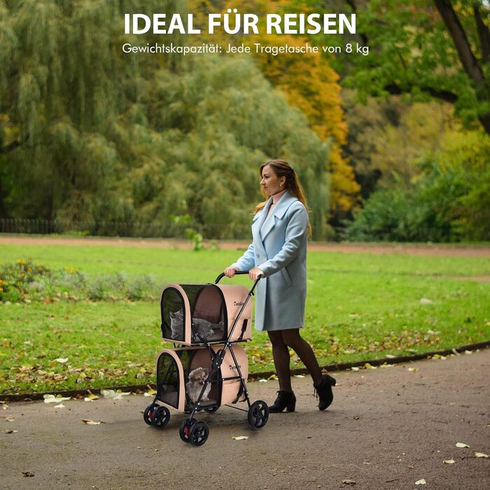 Hundewagen FANTASK 2-ярусний з сітковими вікнами та тримачем для напоїв, до 16 кг, для собак та котів, бежевий