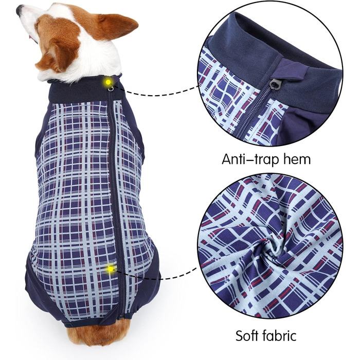 Корпусний костюм для собак після операції Heywean з блискавкою, блакирий в клітинку. Підходить для собак після кастрації, для собак після операції, ергономічний костюм для відновлення.