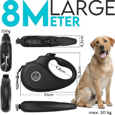 Витяжна повід для собак HUND IST KÖNIG 8м, до 50кг, чорний | Міцний поводок для малих та великих собак | Зручний ручка
