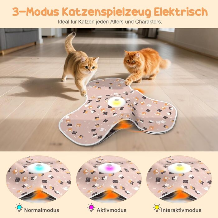 Інтерактивна іграшка для котів FLERDMAU з 3 режимами, з пір'ям та мишкою, електрична, для кількох котів, рожева