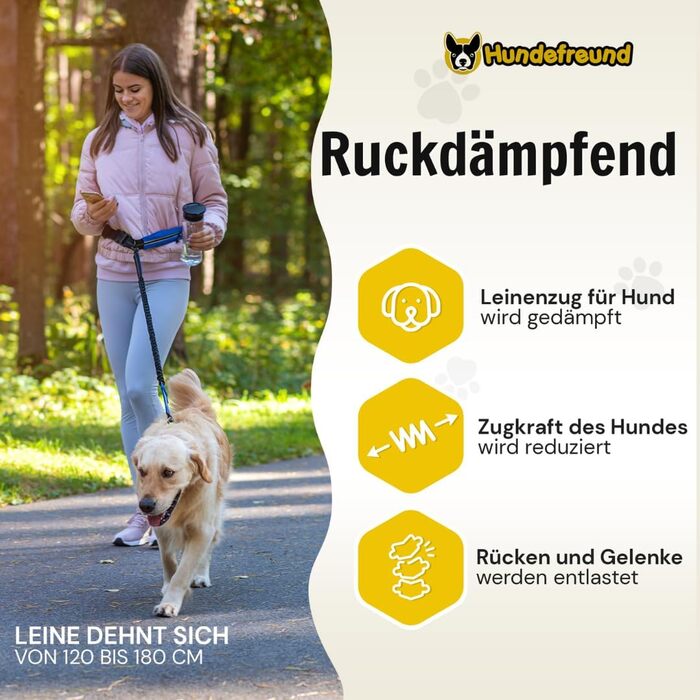 Повідок для бігу з собакою Hundefreund з поясом, синій, з амортизацією для середніх і великих собак – для бігу, велосипеда, дитячого візка, спорту, hands free