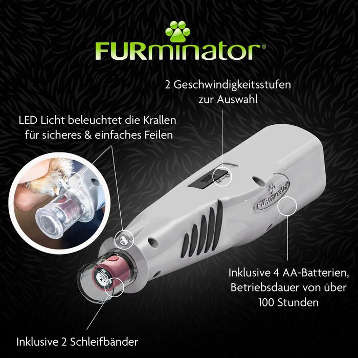 Шліфувальник кігтів для собак та котів Furminator - бездротовий, з LED-підсвіткою та 2 швидкостями